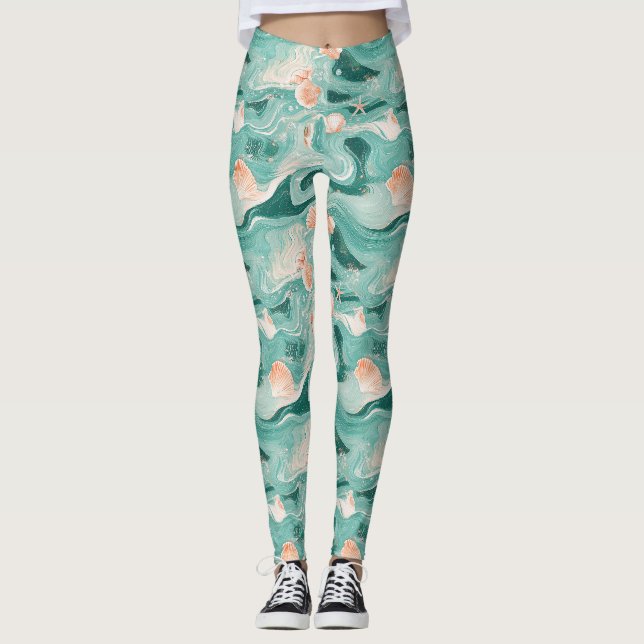 Leggings Conchas y olas del océano Patrón (6) (Anverso)