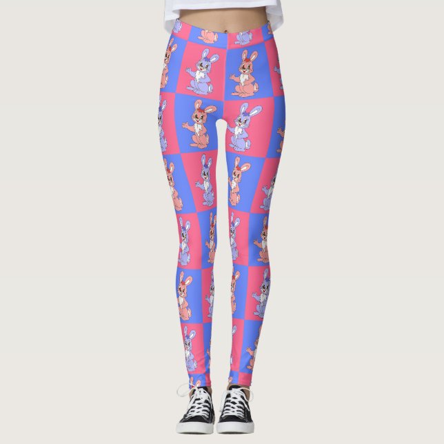 Leggings Conejo de conejo de conejo de Kawaii azul rosado (Anverso)