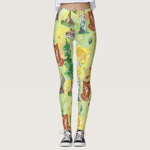 Leggings Conejo del arbolado de la acuarela, erizo, zorro