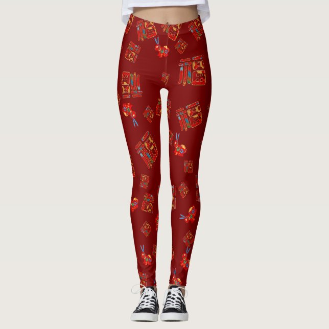 Leggings Conejos rojos oscuros Carácter chino 福 bendiciones (Anverso)