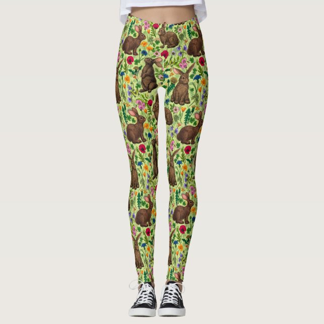 Leggings Conejos y flores silvestres en verde miel (Anverso)