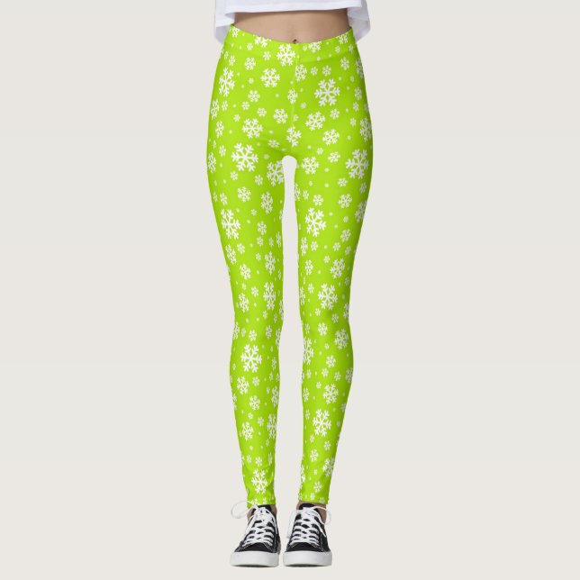 Leggings Copo de nieve blanco sobre patrón invernal verde (Anverso)