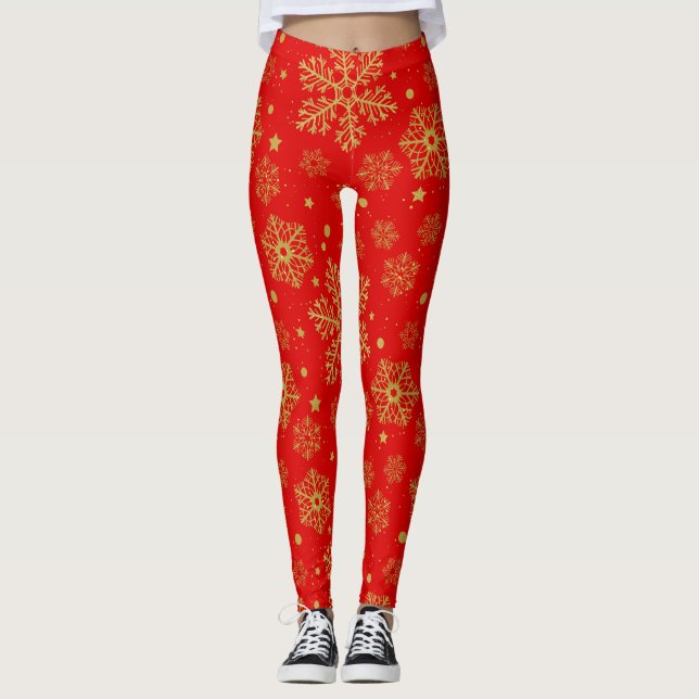 Leggings Copos de nieve dorados en rojo (Anverso)
