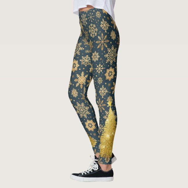 Leggings Copos de nieve dorados sobre azul oscuro con árbol (Izquierda)
