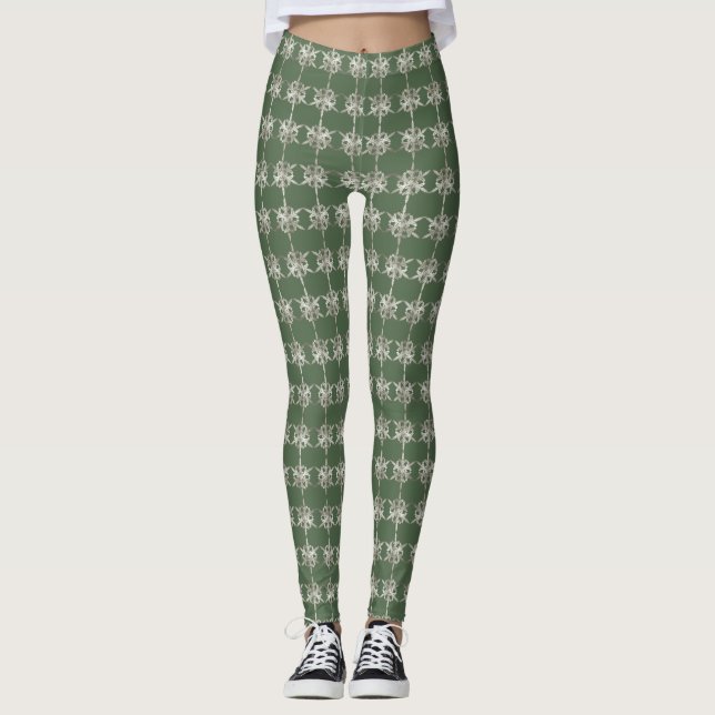Leggings Copos de nieve plateados con fondo verde (Anverso)