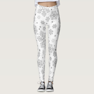 Leggings Copos de nieve plateados en blanco