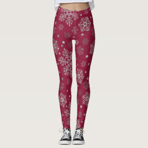 Leggings Copos de nieve plateados en rojo oscuro