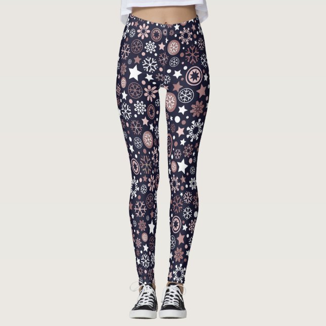 Leggings Copos de nieve rosados del oro de las vacaciones (Anverso)