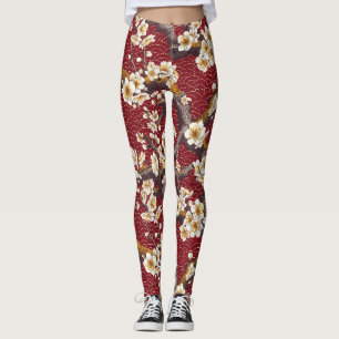 Leggings Coral Crema Flor de Ciruelo Japonés Patrón Burgund