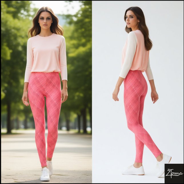 Leggings Coral Pink Diagonal Glitch Woven Plaid (Subido por el creador)