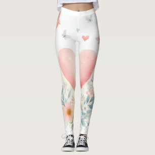 Leggings Corazón de acuarela suave amor flores pájaros
