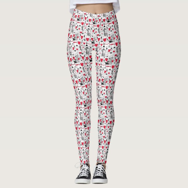 Leggings Corazón rojo de gato blanco negro (Anverso)