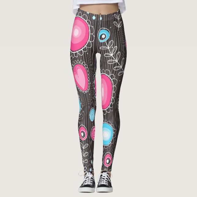 Leggings Corazón rosa y azul singulares y flores florales (Anverso)
