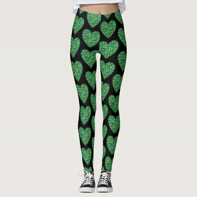 Leggings corazón verde de Shamrock St Patrick's Day (Anverso)