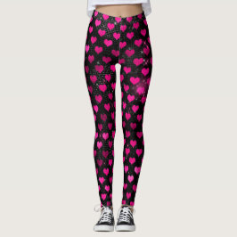 Leggings Corazones con Patrón Glam de Rosa Brillante y Negr