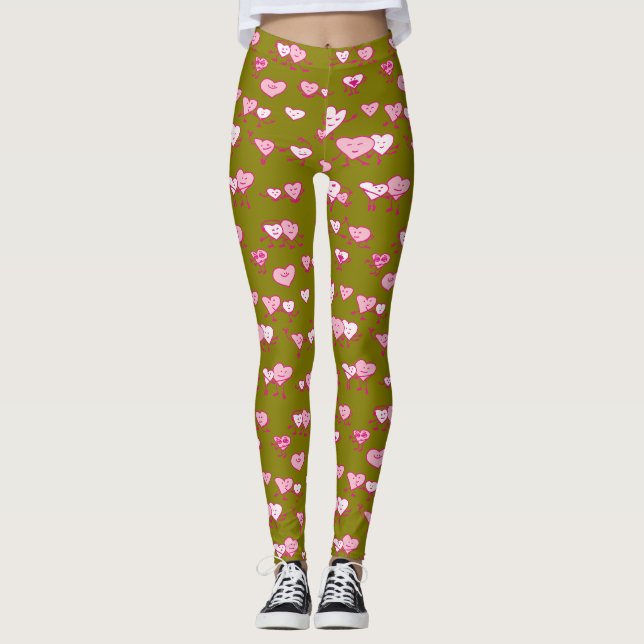 Leggings Corazones de baile rosado verde loParejas amables  (Anverso)