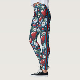 Leggings Corazones de Navidades florales en azul rojo y ver