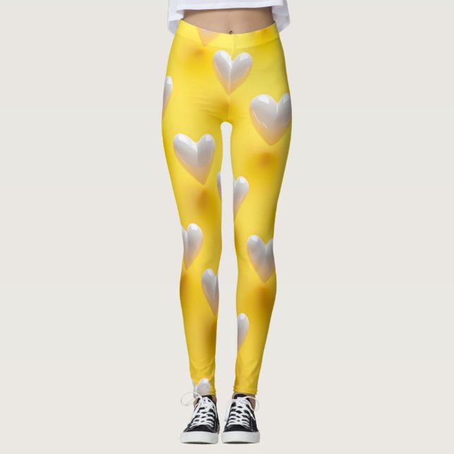 Leggings Corazones de Perla Blanca sobre Amarillo (Anverso)