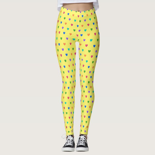 Leggings Corazones de polka arcoiris sobre amarillo (Anverso)