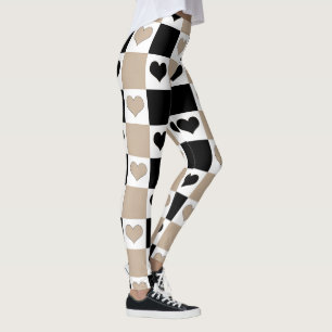 Leggings Corazones de tablero de ajedrez en taupe, negro y