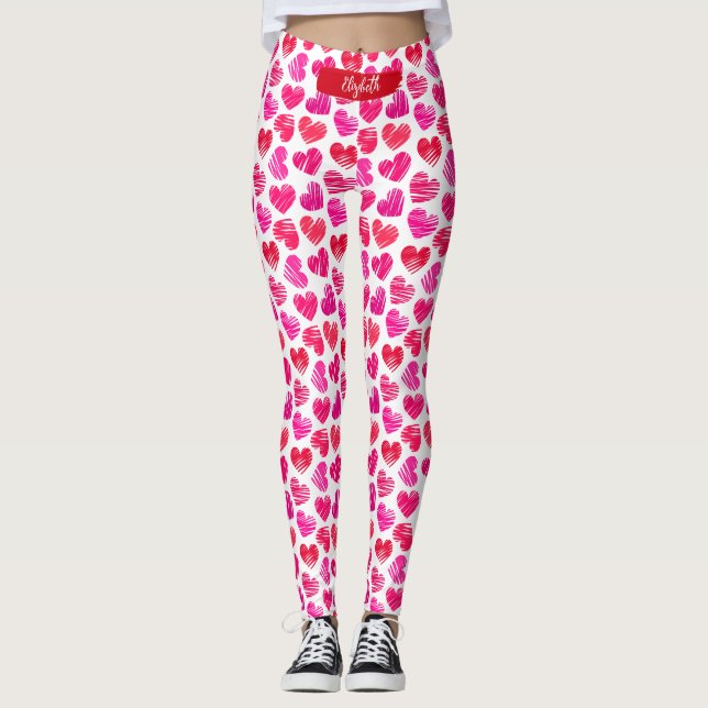 Leggings Corazones rojo y rosado modernos con dibujos anima (Anverso)