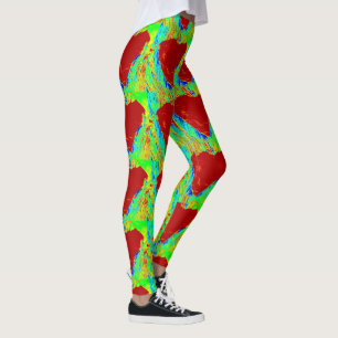 Leggings corazones rojos abstractos audaces verdes