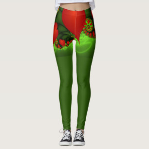 Leggings Corazones rojos animan el arte fractal verde moder