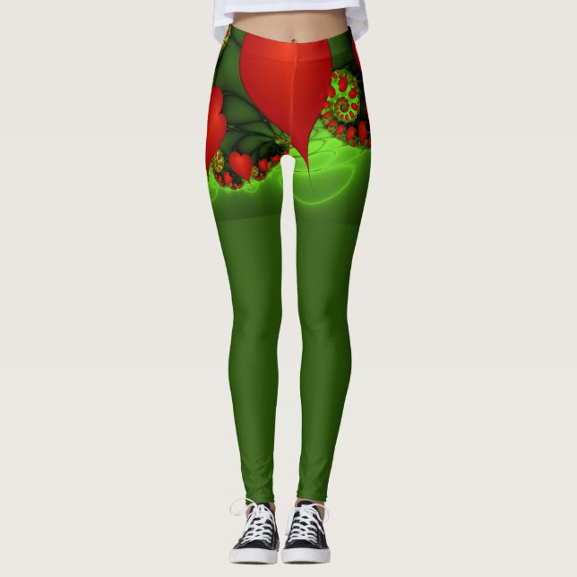 Leggings Corazones rojos animan el arte fractal verde moder (Anverso)