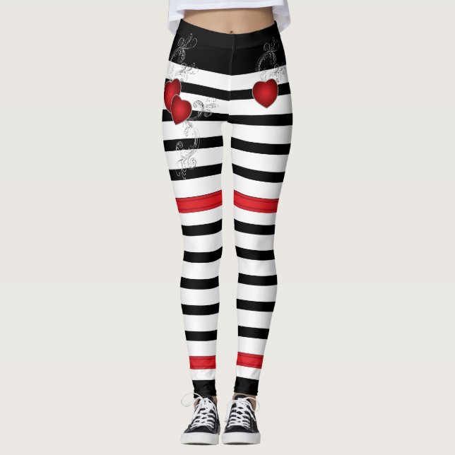 Leggings Corazones rojos en blanco y negro (Anverso)