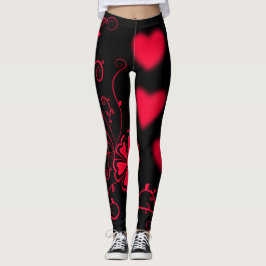 Leggings Corazones rojos, vides y flores en negro
