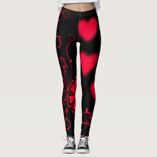 Leggings Corazones rojos, vides y flores en negro