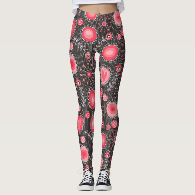 Leggings Corazones rojos y grises brillantes y flores flora (Anverso)