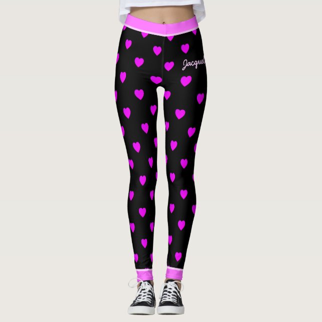 Leggings Corazones rosados bonitos en NEGRO (Anverso)