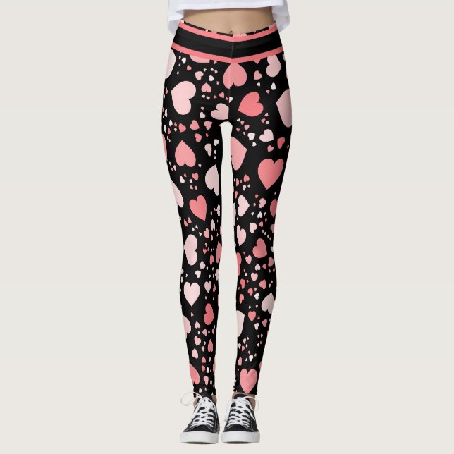 Leggings Corazones rosados grandes y pequeños en negro (Anverso)
