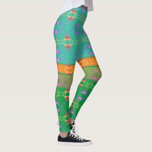 Leggings Corazones Rosas sobre el Verde azulado y el Aprico