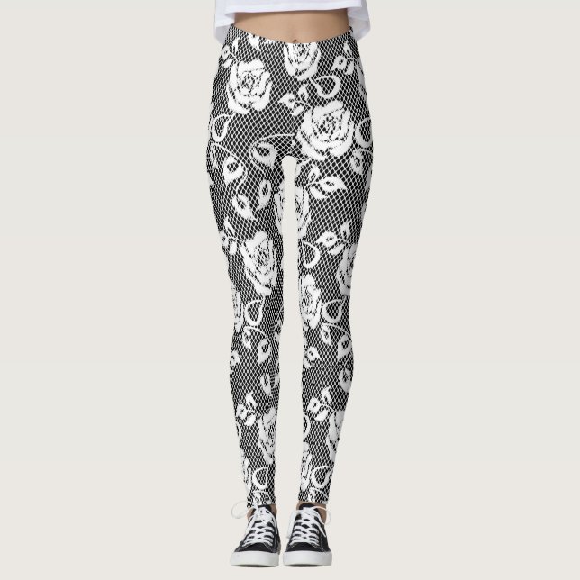 Leggings Cordón blanco con los rosas en las polainas negras (Anverso)