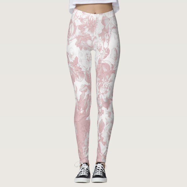 Leggings Cordón floral blanco coralino rosado de moda (Anverso)