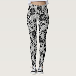 Leggings Cordón negro con los rosas en las polainas blanca
