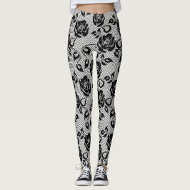 Leggings Cordón negro con los rosas en las polainas blancas
