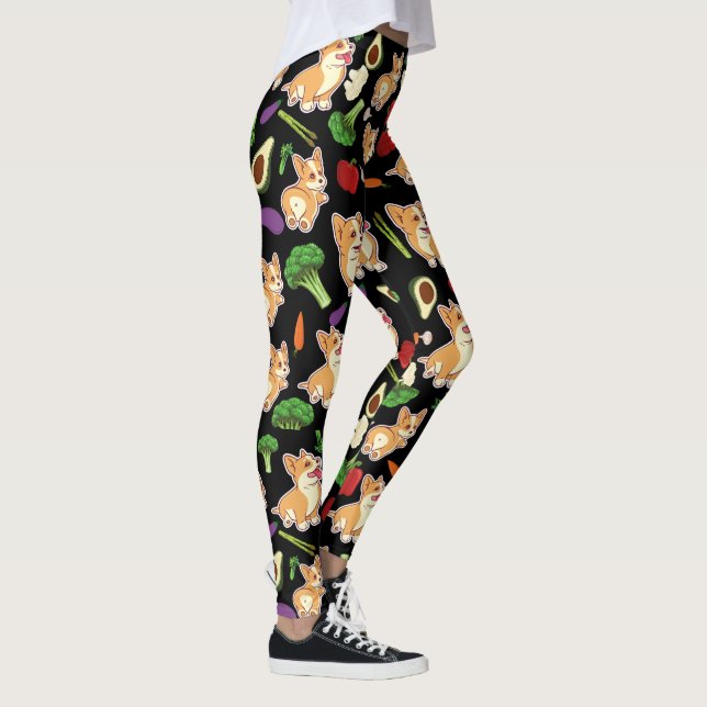 Leggings Corgi y verduras Patrón de alimentos Negro (Derecha)
