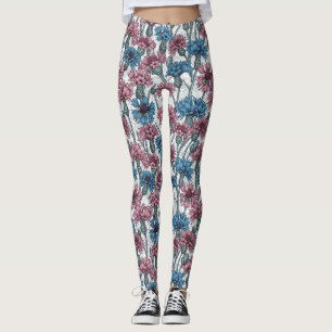 Leggings Cornflores rosas y azules, flores silvestres en bl