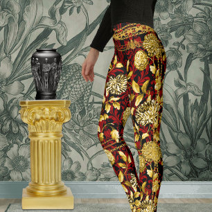 Leggings Couness Gold Floral Chain Red Black Damask