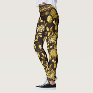 Leggings Countess Gold Chain Lion Emblem Floral Espresso