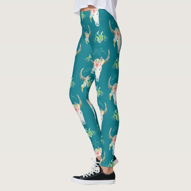 Leggings Cow Buffalo Skull Boho Bohemian Cactus Desert Art (Izquierda)