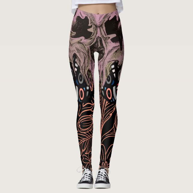 Leggings cráneo Amantes góticos Floral Romántica Escarabajo (Anverso)