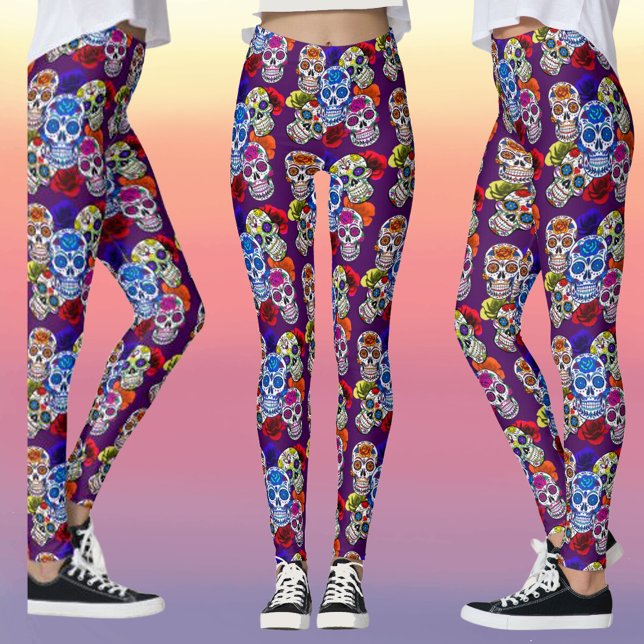 Leggings Cránulos de azúcar coloridos Rosas condenan a toda (Sugar Skulls Colorful Roses Cinco All Souls Leggings)