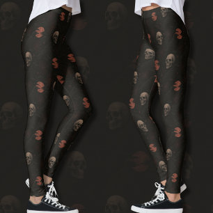 Leggings Cránulos góticos y Ravens Patrón de Halloween Negr