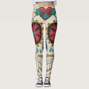 Leggings Crazy Azúcar Skull Leging Blanco, Rojo y Turquesa