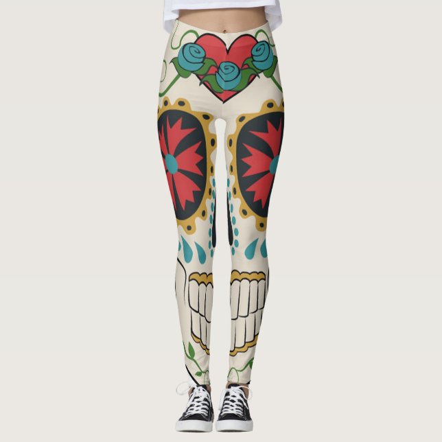 Leggings Crazy Azúcar Skull Leging Blanco, Rojo y Turquesa (Anverso)