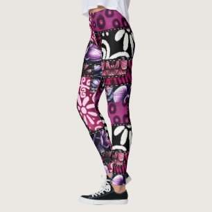 Leggings Crazy Quilt Black Cherry Floral Pattern